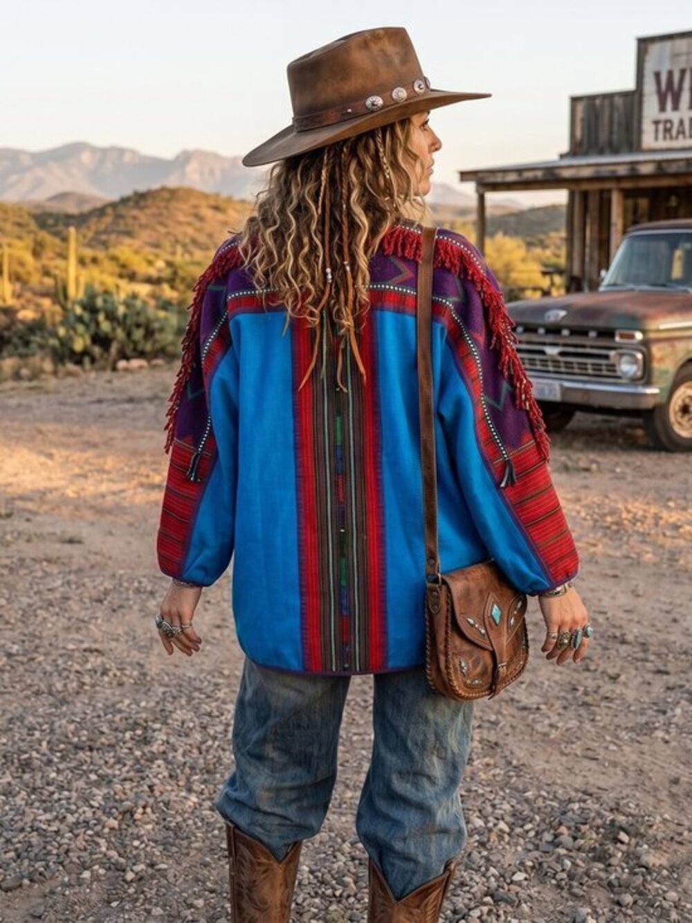 Vintage southwestern aztec relaxed fit boho blue and red fringe festival jacket